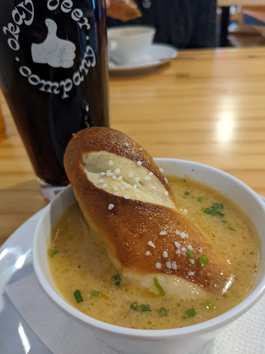 Beer Cheese Soup with Pretzel Sticks