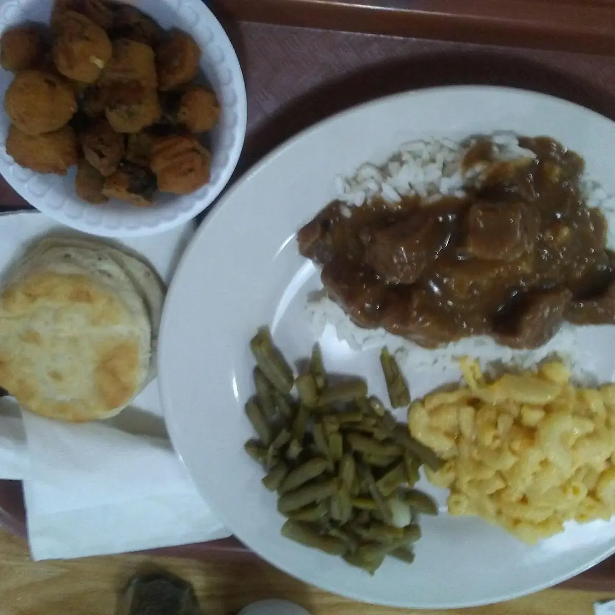 Stew Beef with Rice Mac & Cheese Fried Okra String Beans and a Biscuit