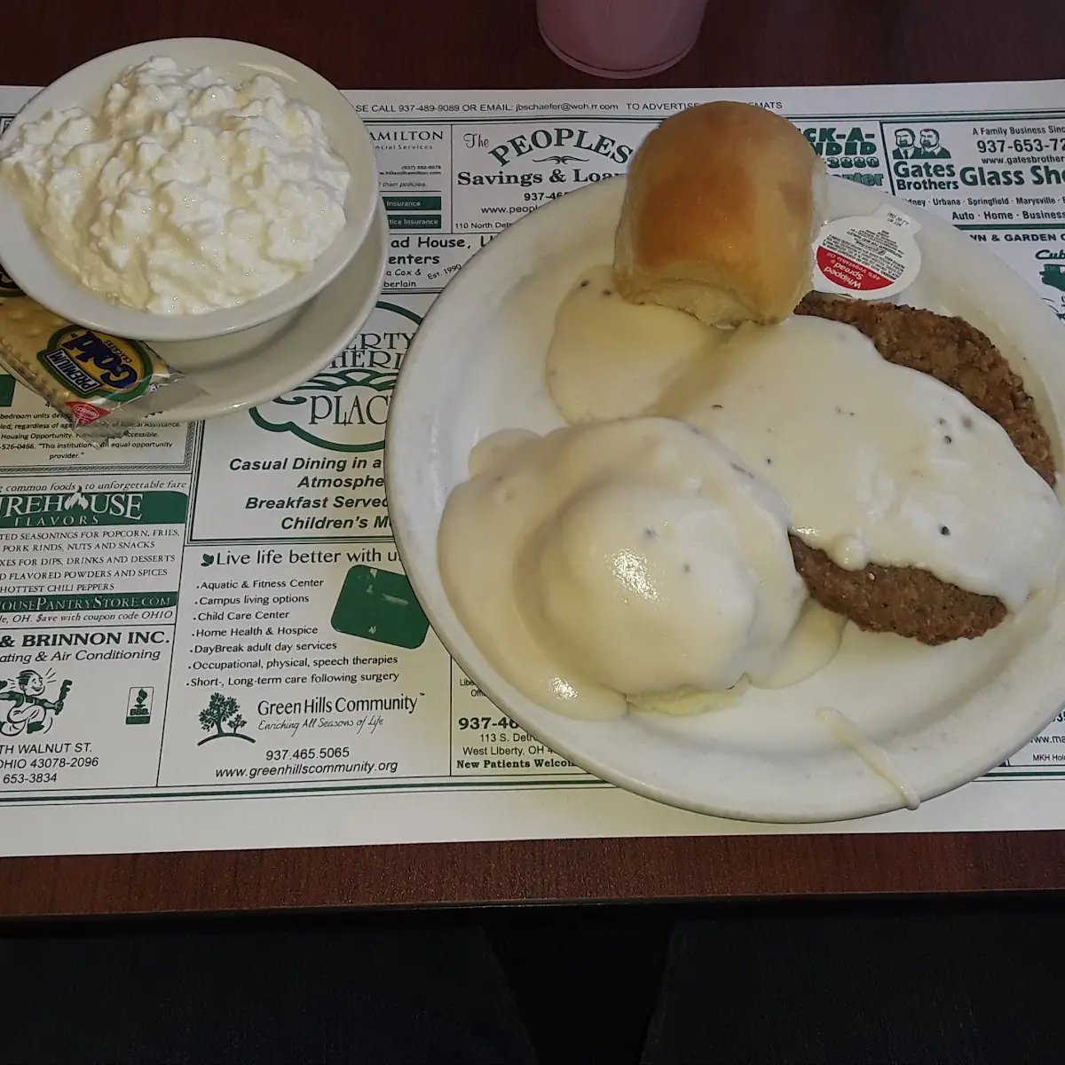 Country Fried Steak with Mashed Potatoes and Cottage Cheese