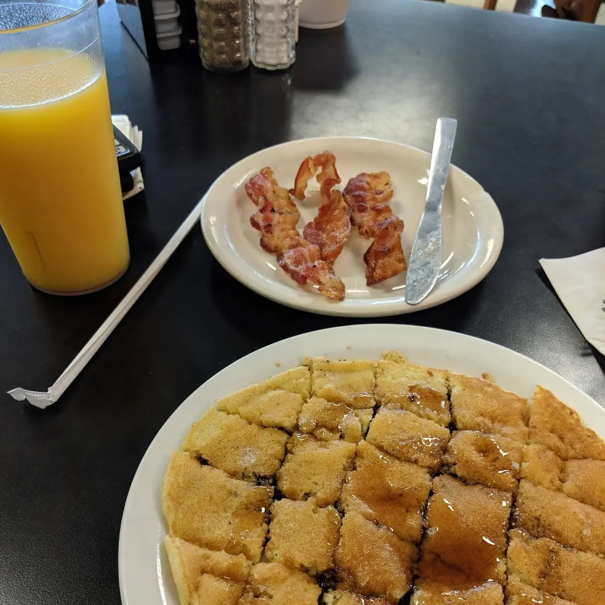 Chocolate Chip Pancake Bacon Orange Juice