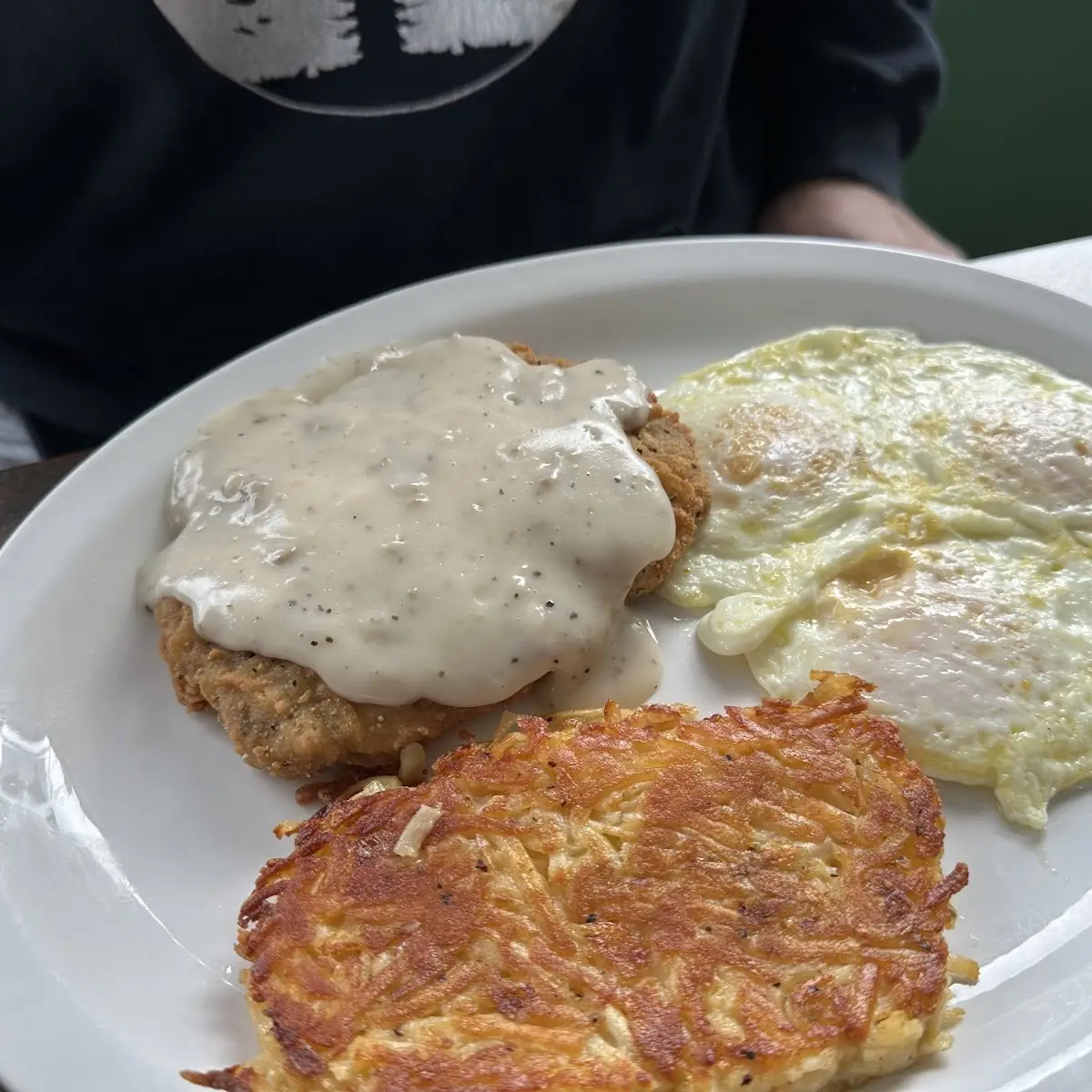 Biscuits Eggs over Medium Country Fried Steak and Hashbrown Casserole