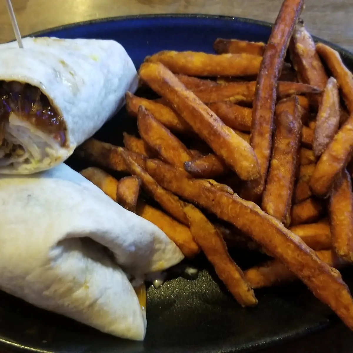 BBQ Pulled Pork Wrap with Sweet Potato Fries