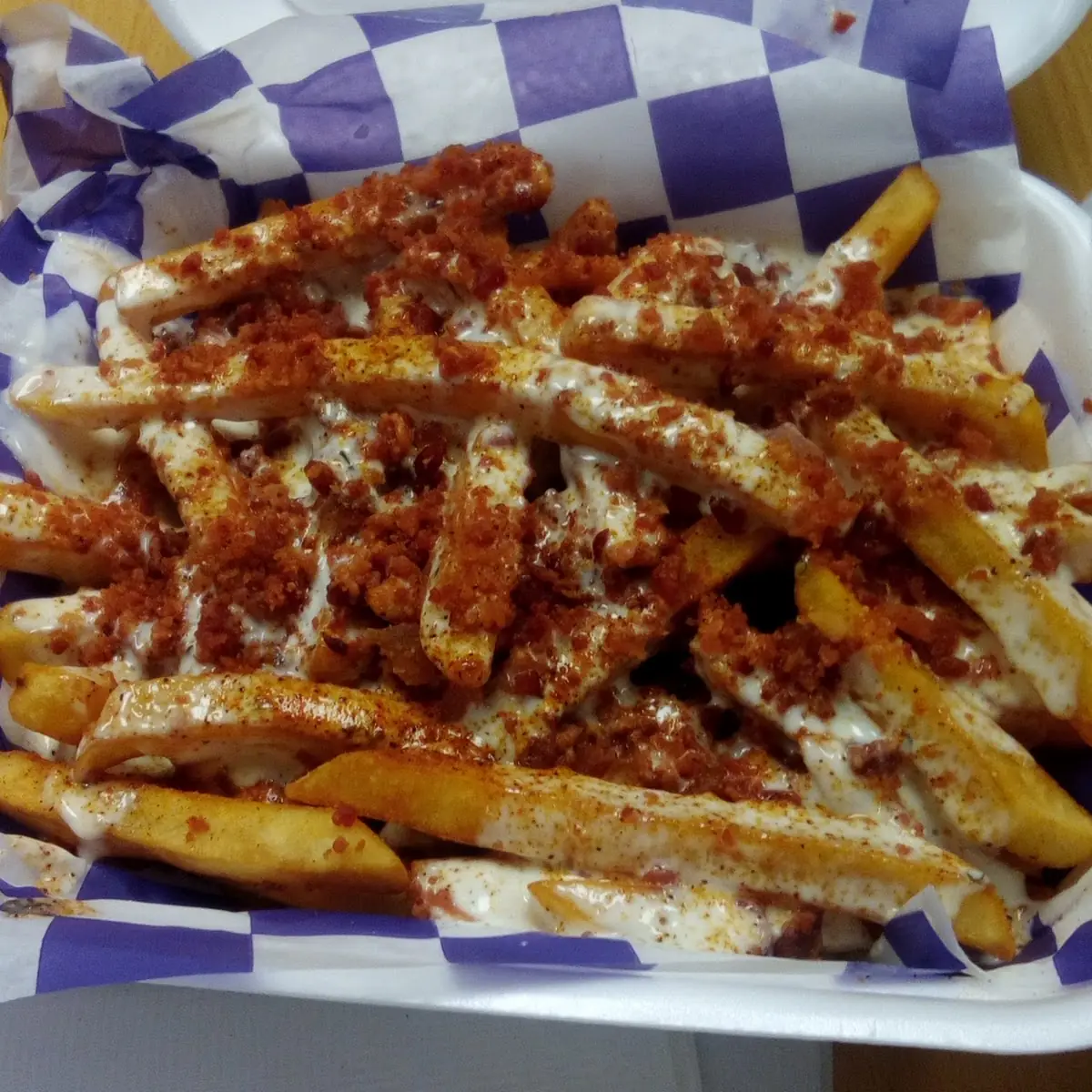 French Fries with Ranch Dressing and Bacon