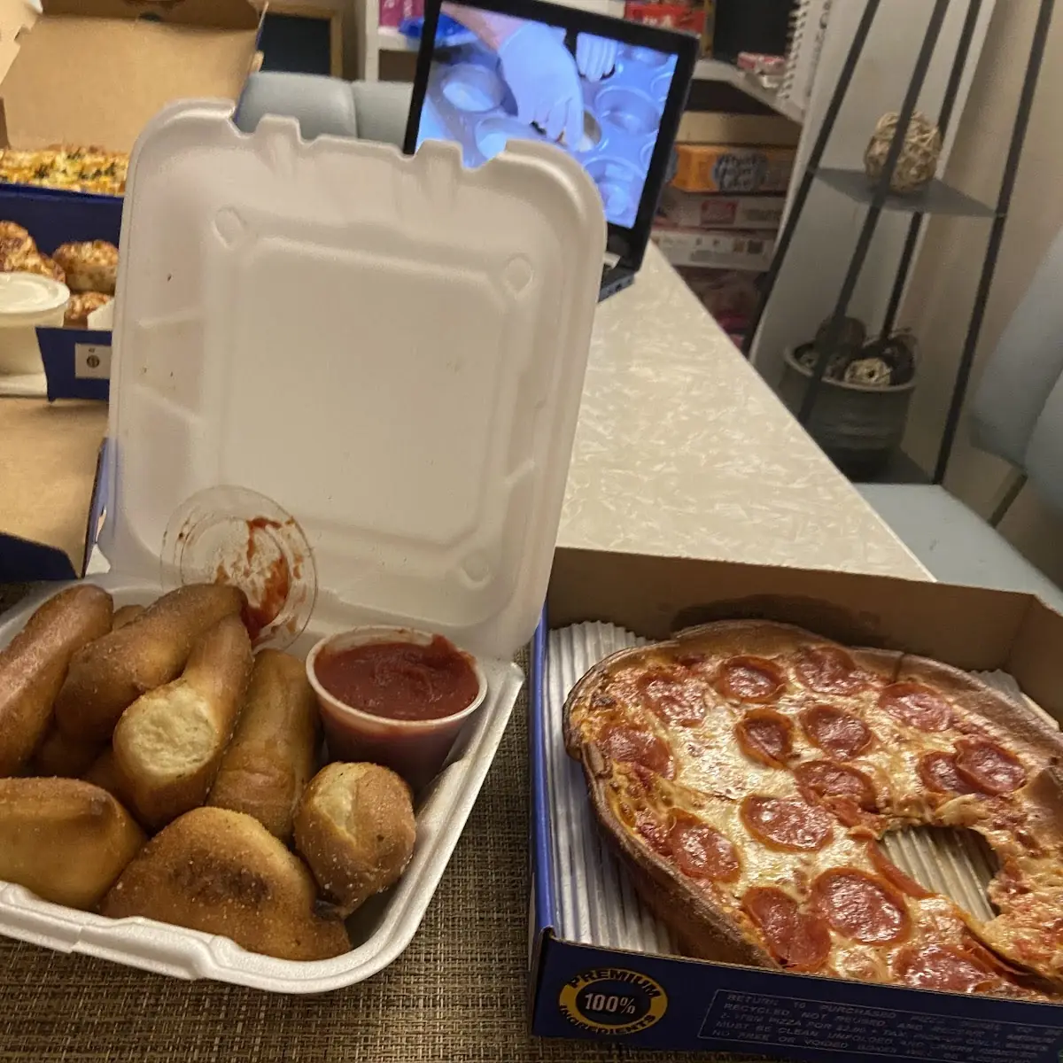 Bread Sticks Thin Crust Pepperoni Pizza