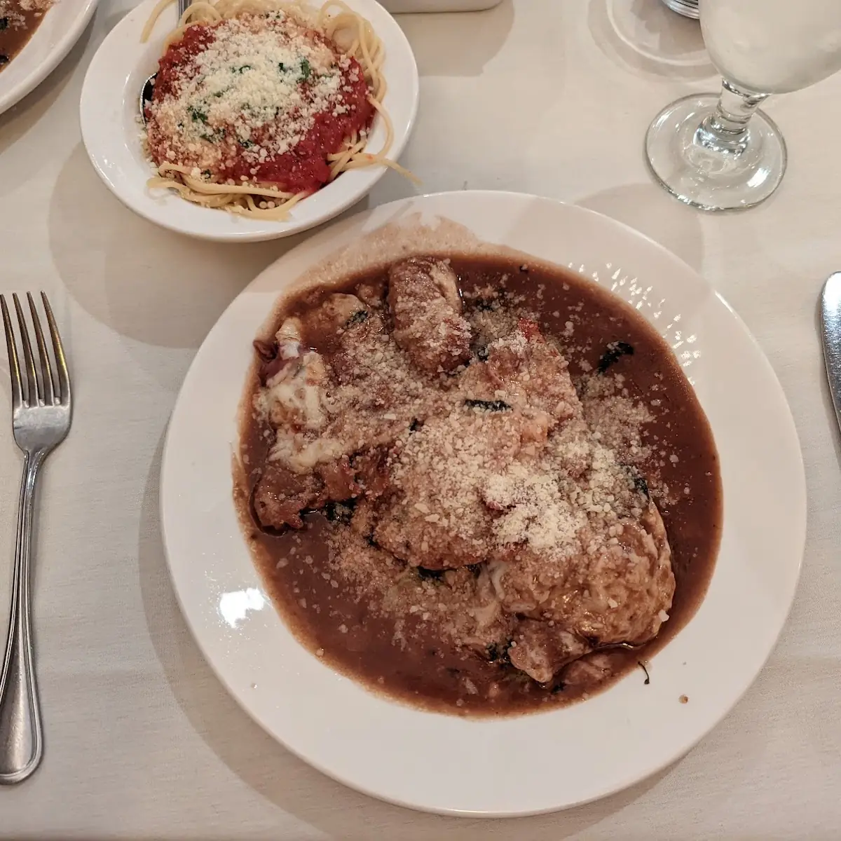 Vitello Saltimbocca Served with Spaghetti and Red Sauce