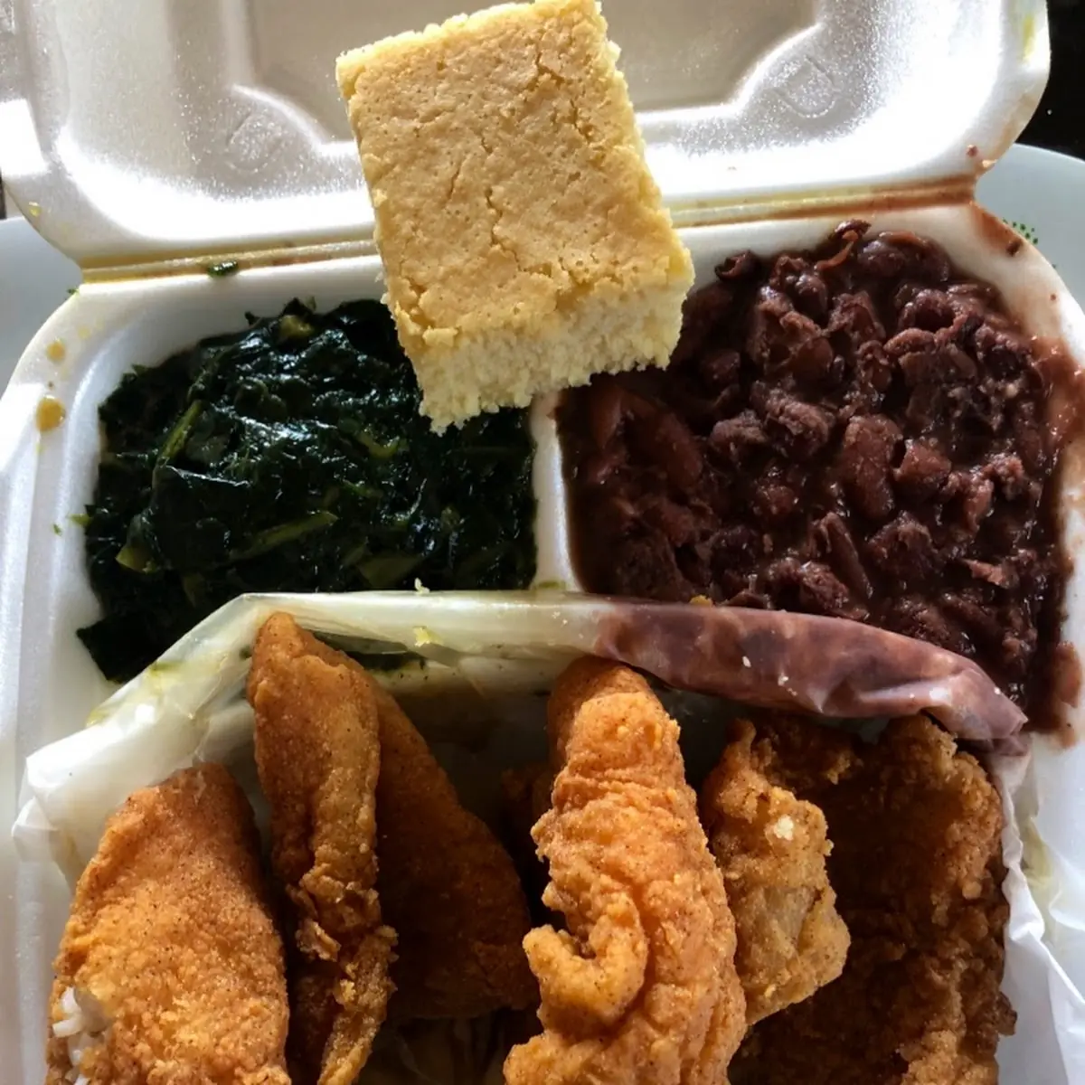 Catfish Dinner with Collard Greens and Red Beans and Rice with Corn Bread