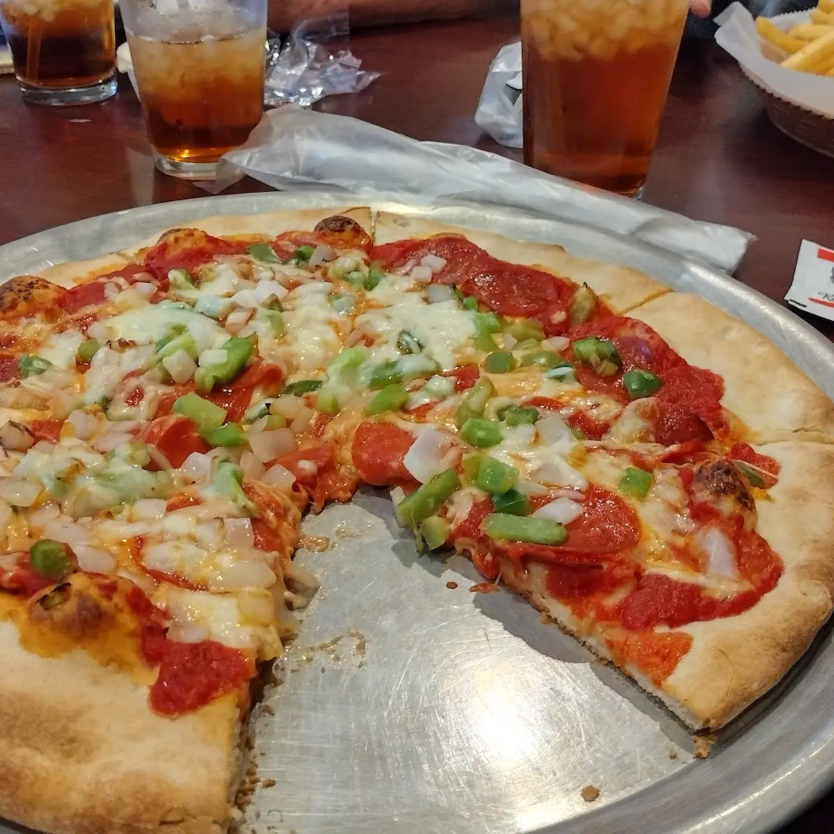 Medium Pepperoni Onion & Green Pepper Pizza Big Boy Burger and Fries
