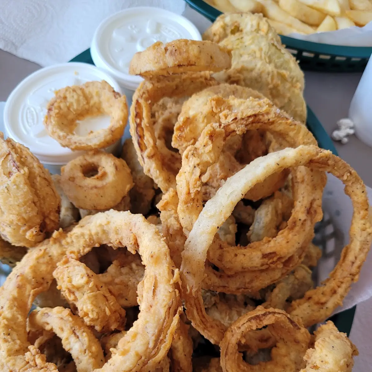 Sampler Platter with Onion Rings Fried Pickles Fried Mushrooms and Fried Green Tomatoes