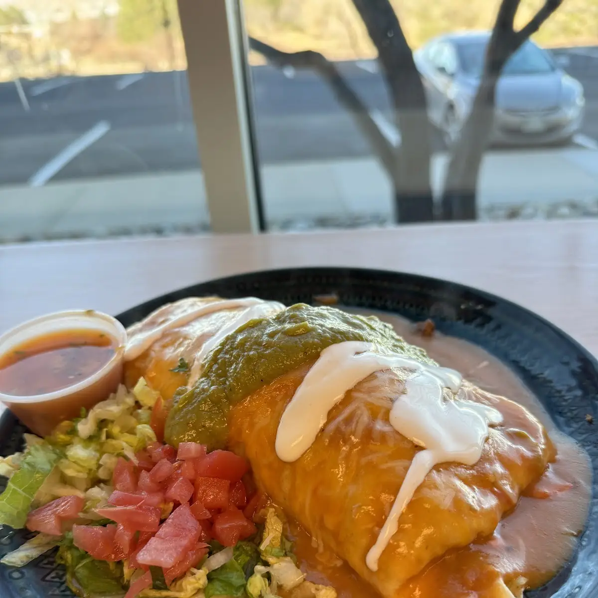 Smothered Burrito with Side Salad and Coffee
