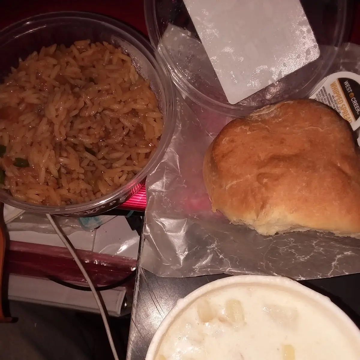 Fried Rice and Fish Chowder and a Roll