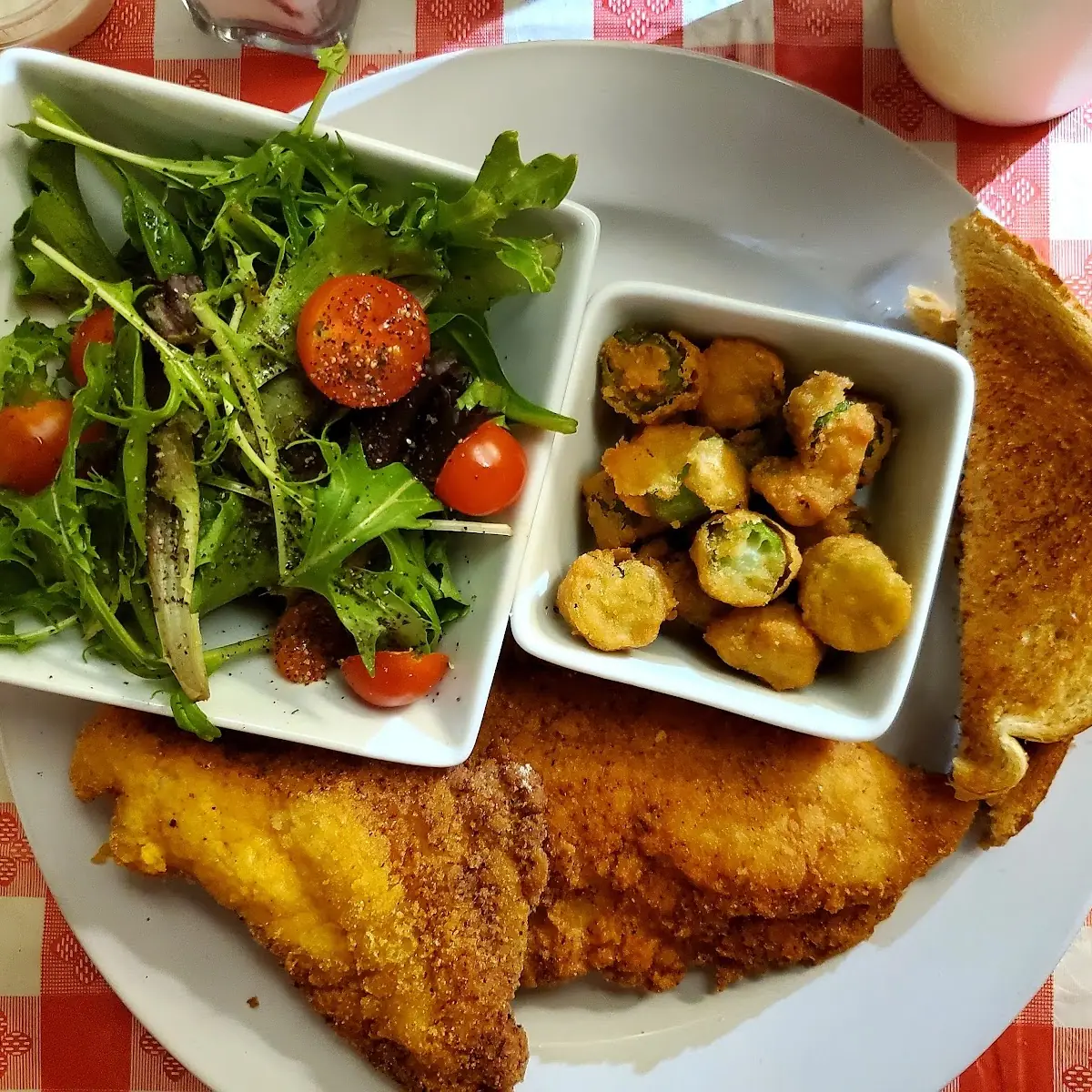 Catfish Dinner with Salad and Fried Okra