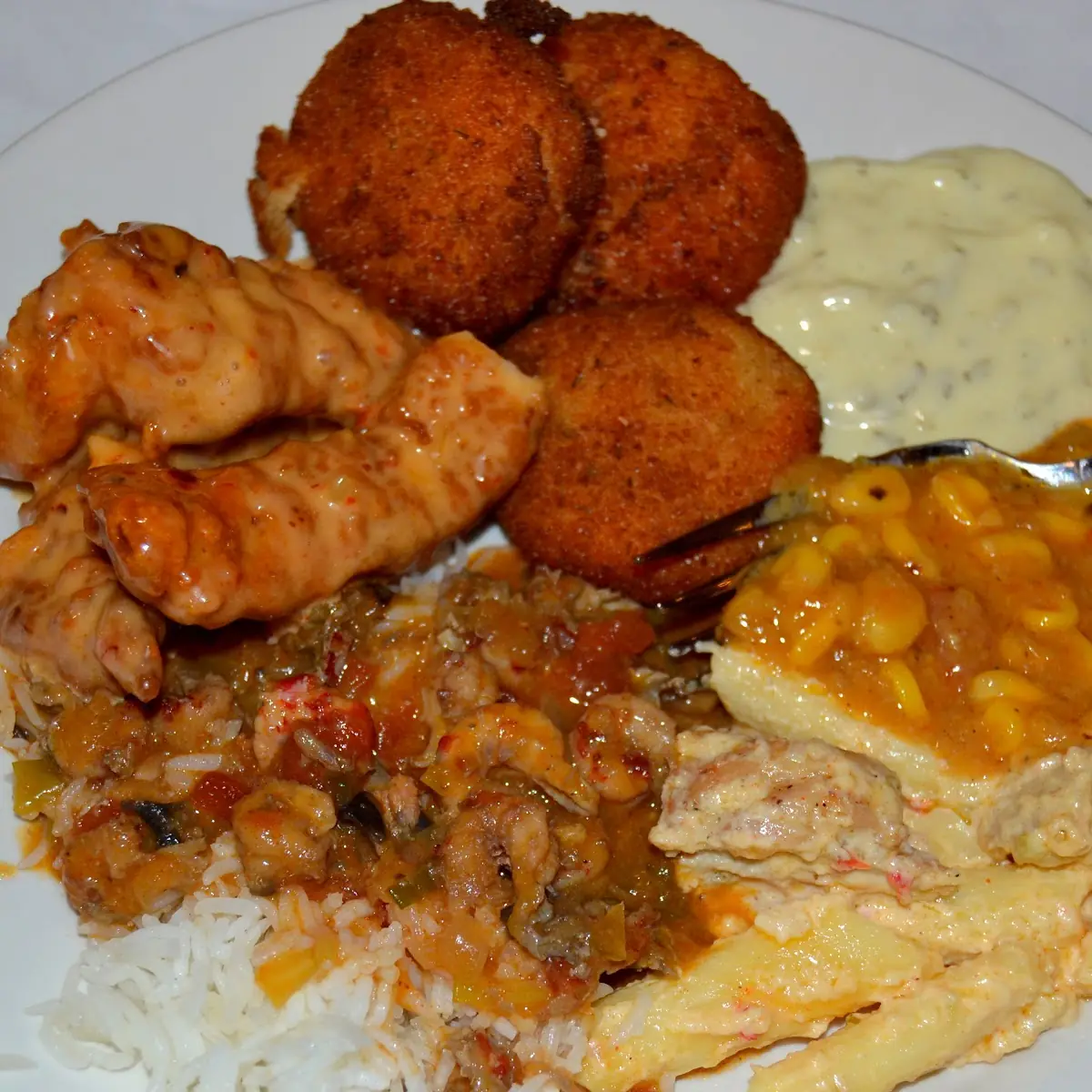 Fired Catfish Mac and Cheese Crawfish Cake