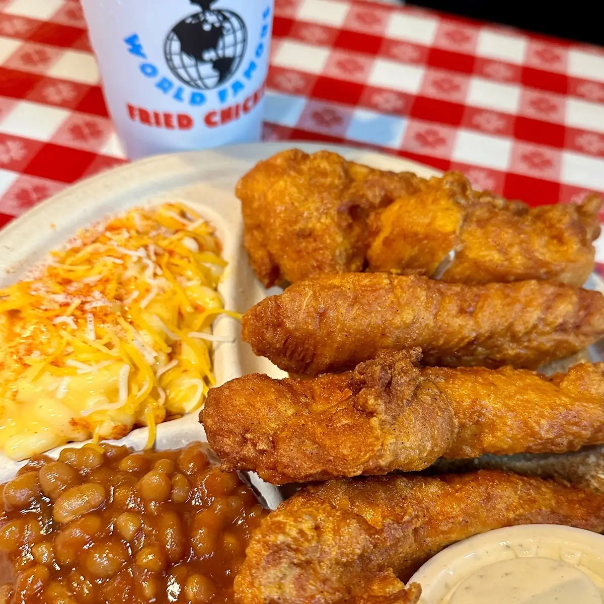 Chicken Strips with Baked Beans and Mac and Cheese