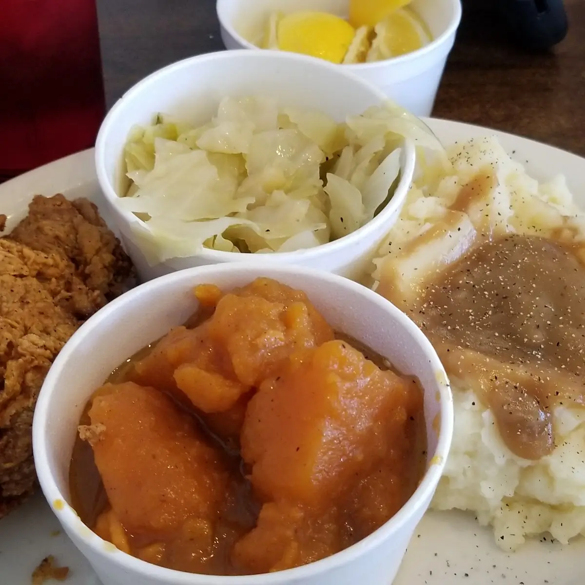 Fried Chicken Breast with Mashed Potatoes and Side of Cabbage& Sweet Potatoes