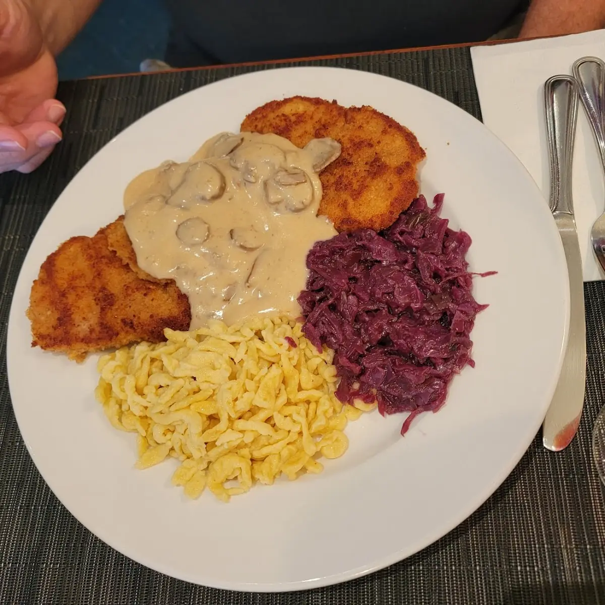 Jaeger Schnitzel Spaetzle and Red Cabbage