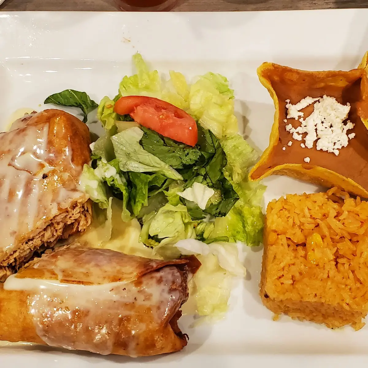 Chimichanga with Chicken Rice and Beans