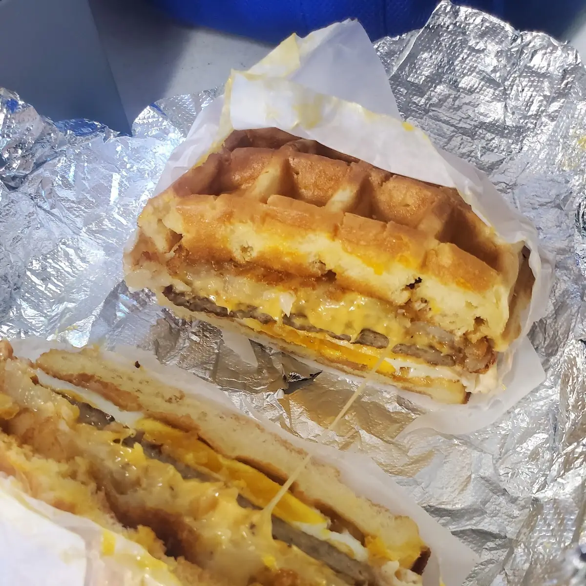 Sausage Egg and Cheese on a Waffle