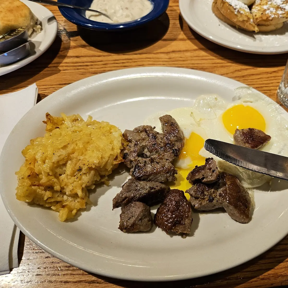Beef Tips with Eggs and Hash Browns