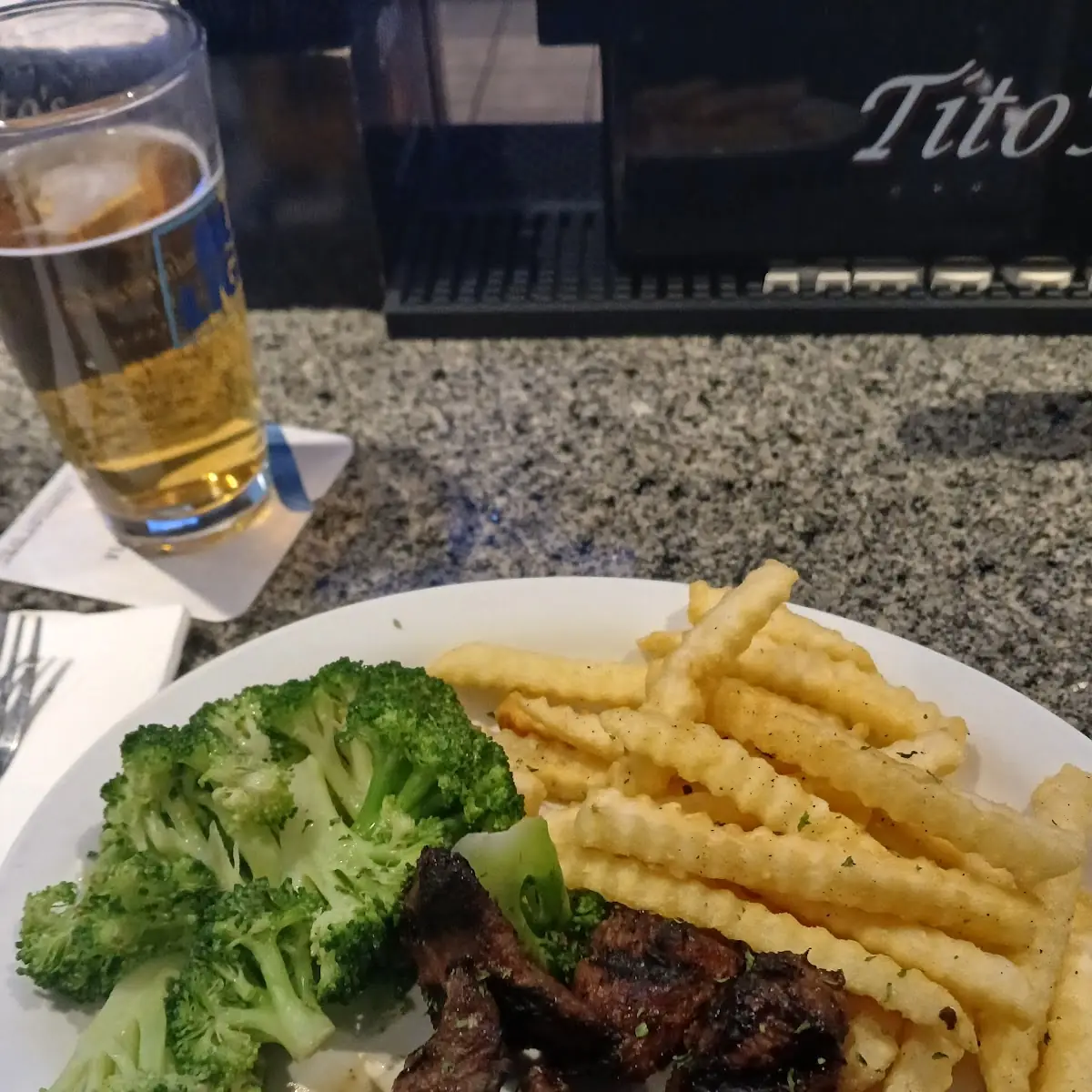 Steak Tips with Broccoli and Fries