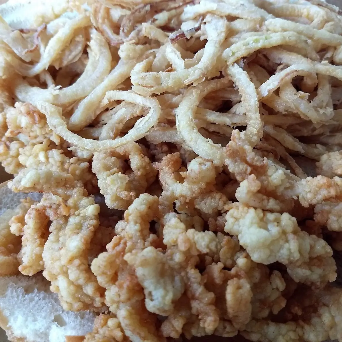 Clam Strip Roll and Onion Rings