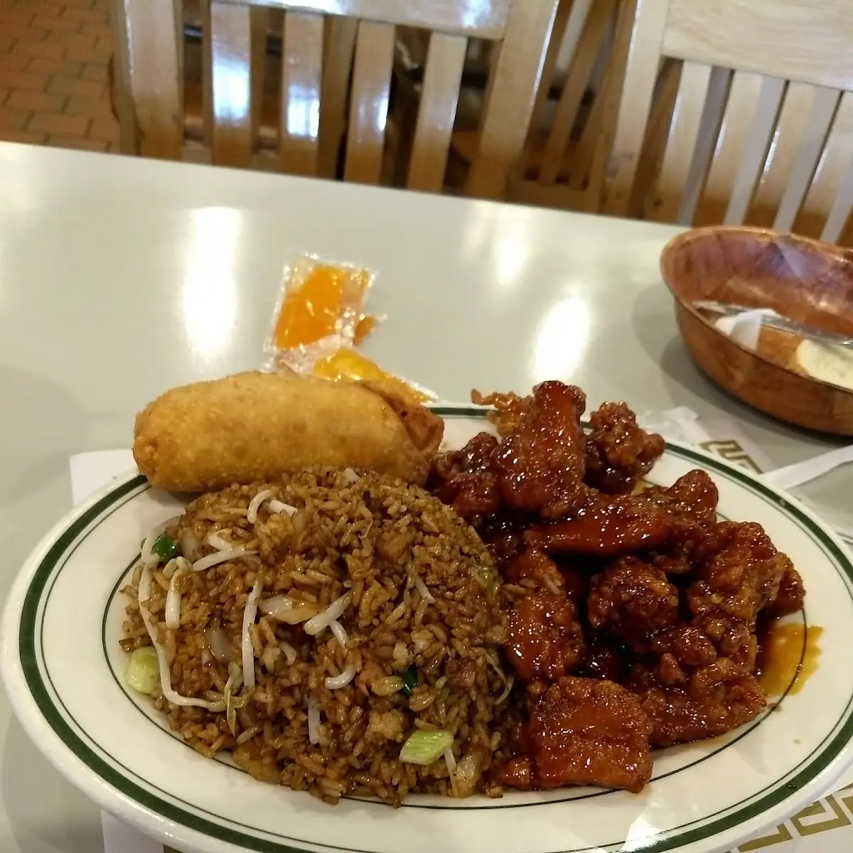 General TSO's Chicken Fried Rice with Egg Roll