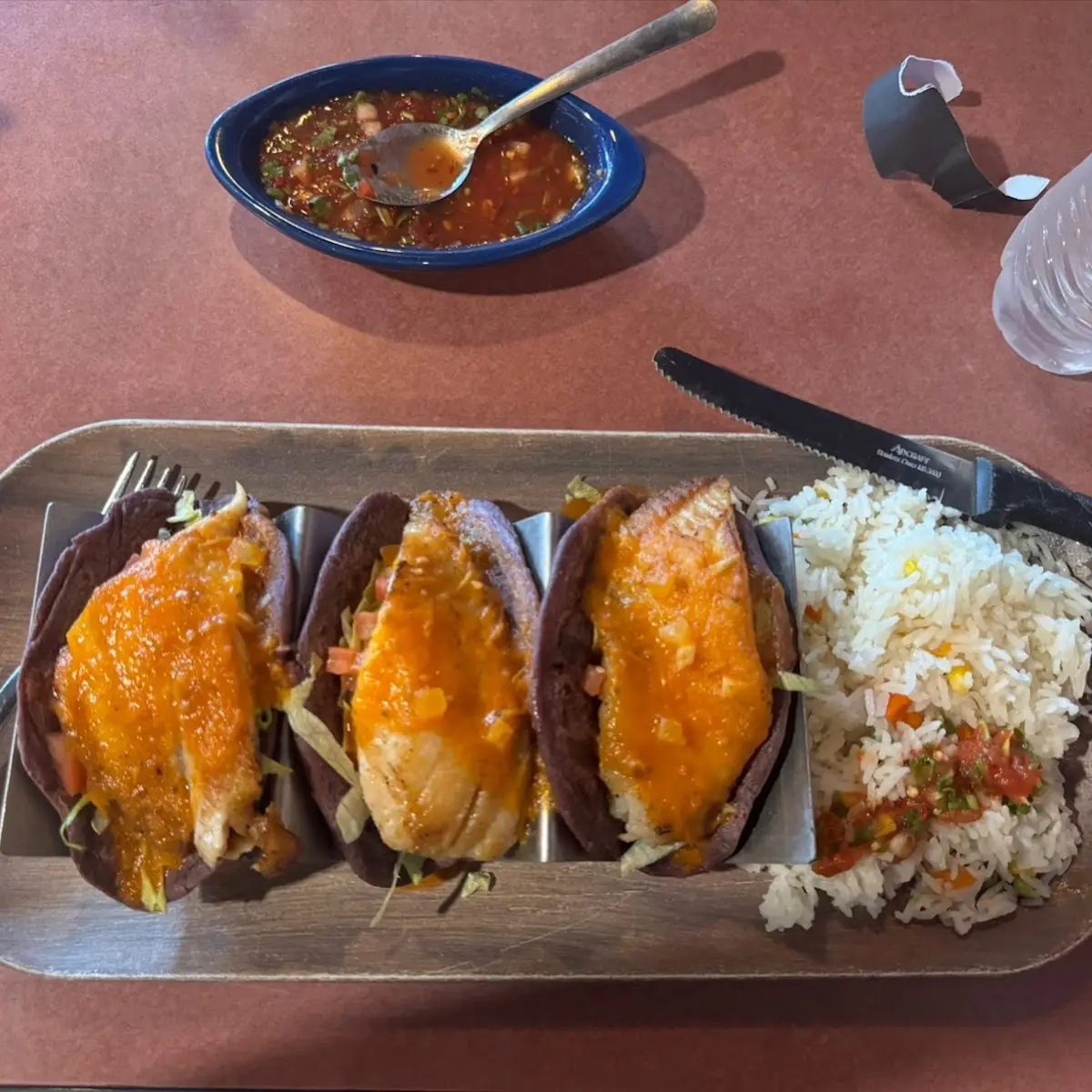 Fish Tacos with Rice and Salsa