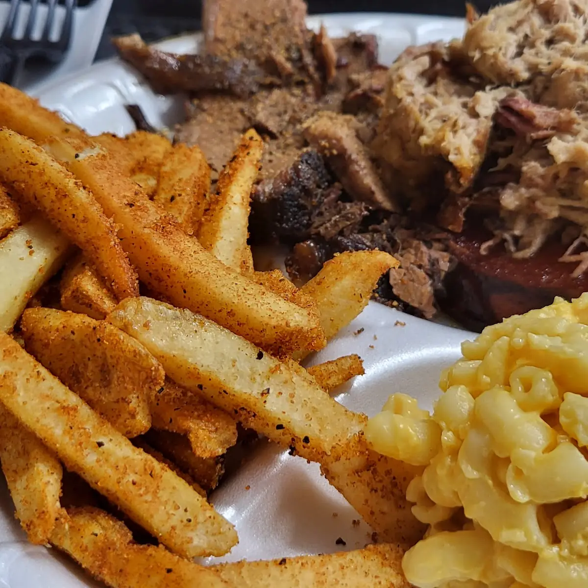 Bologna Brisket Pulled Pork with Fries and Mac and Cheese