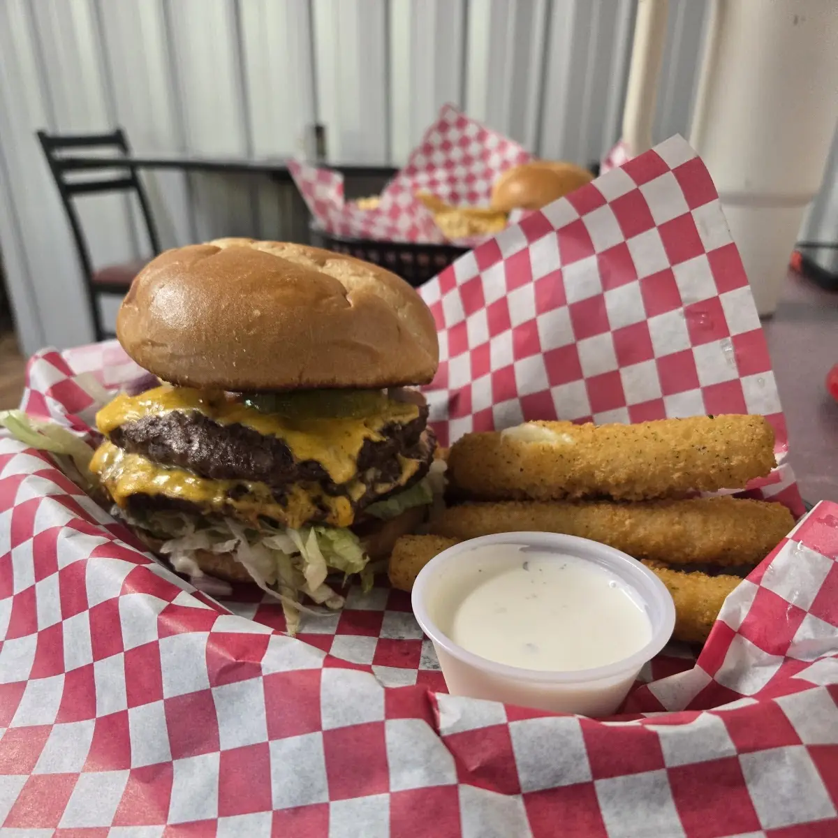 Double Cheeseburger with Cheese Sticks