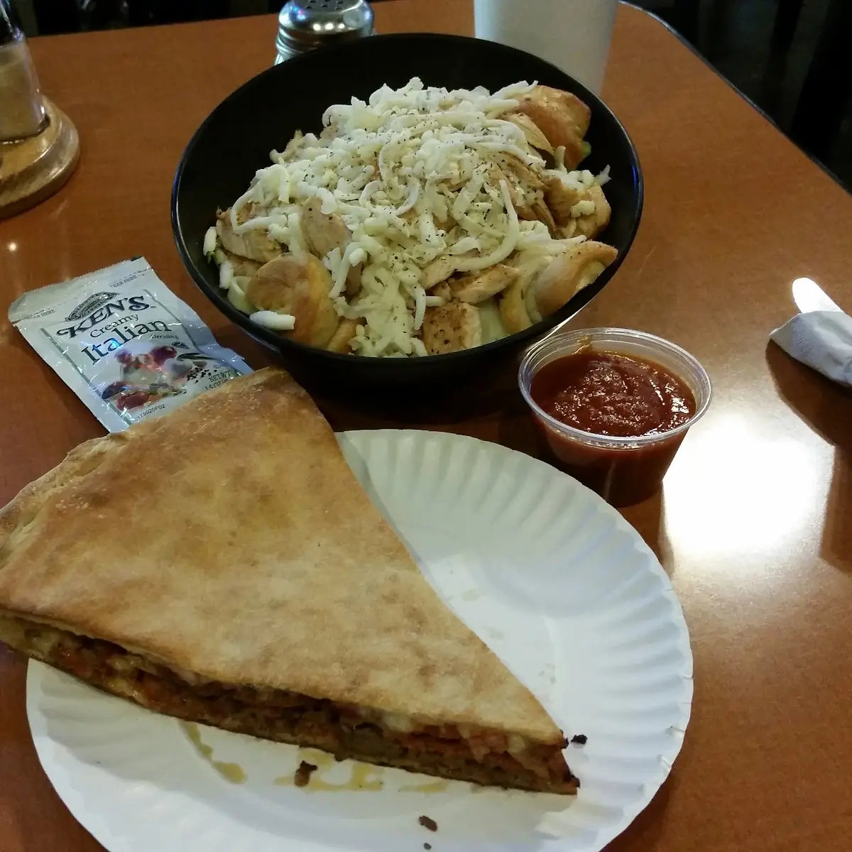 Meat Stuffed Pizza and Chicken Salad