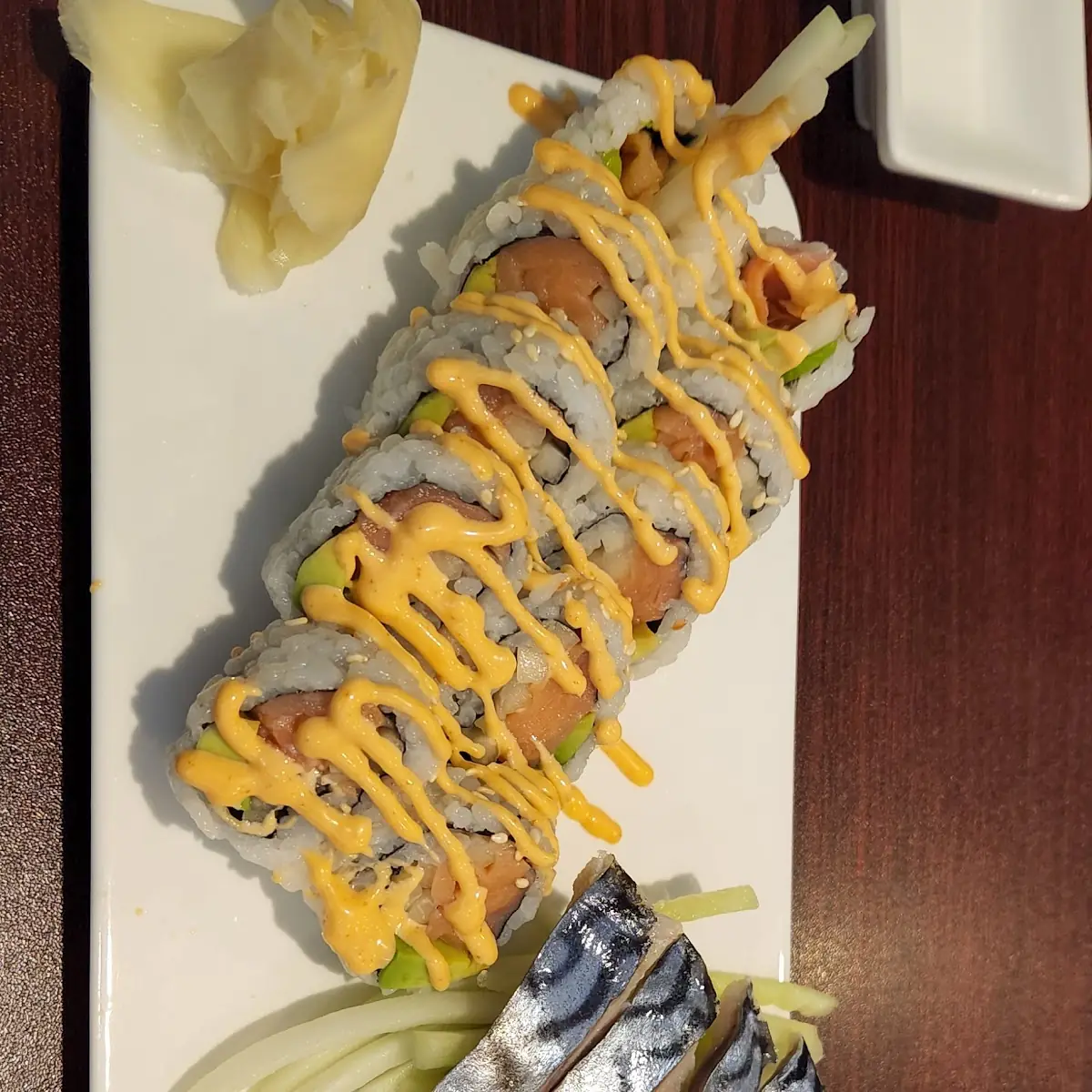 Spicy Salmon Roll with Sashimi Mackerel