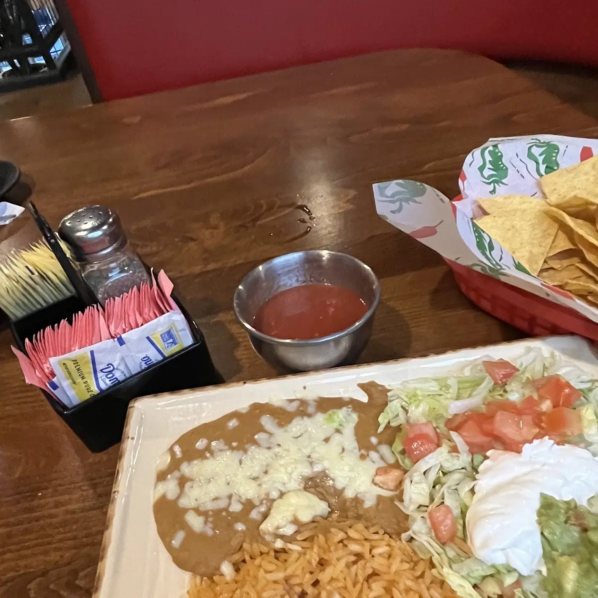 Rice Beans and Salad with Spicy Salsa with Chips