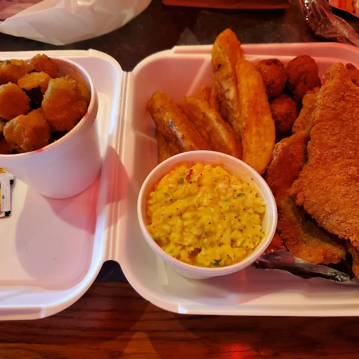 Catfish Dinner with Fries Cole Slaw and Fried Okra