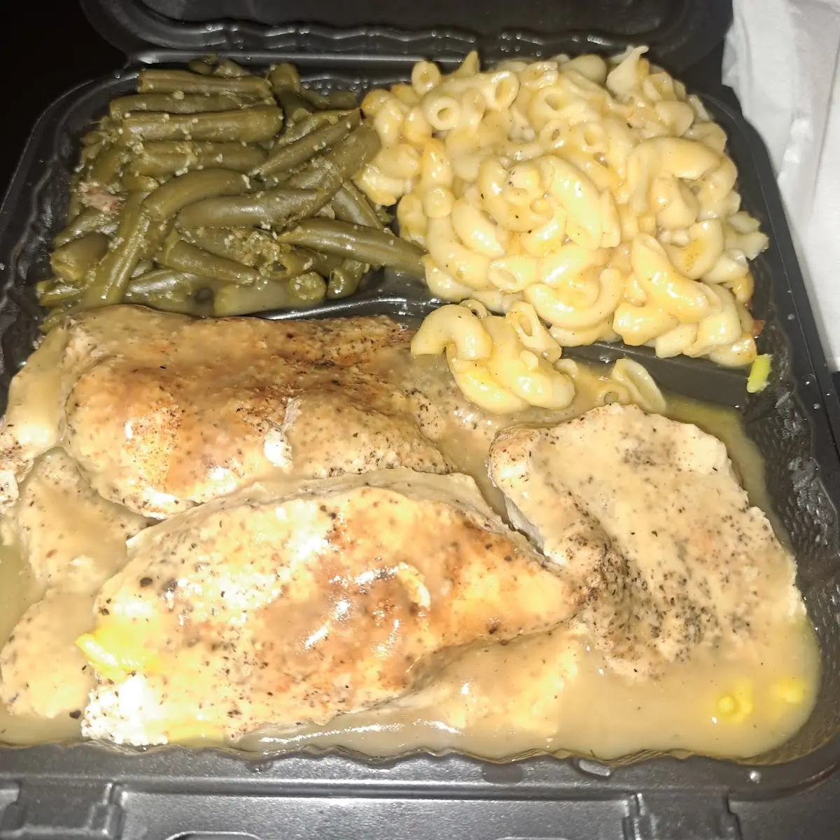 Turkey Chops String Beans and Mac and Cheese