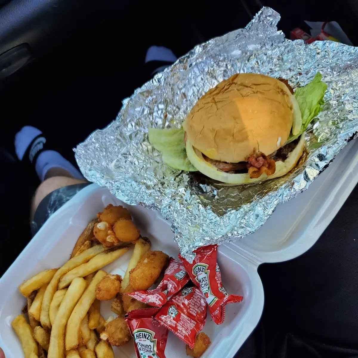 Double Burger and Fries and Cheese Bites