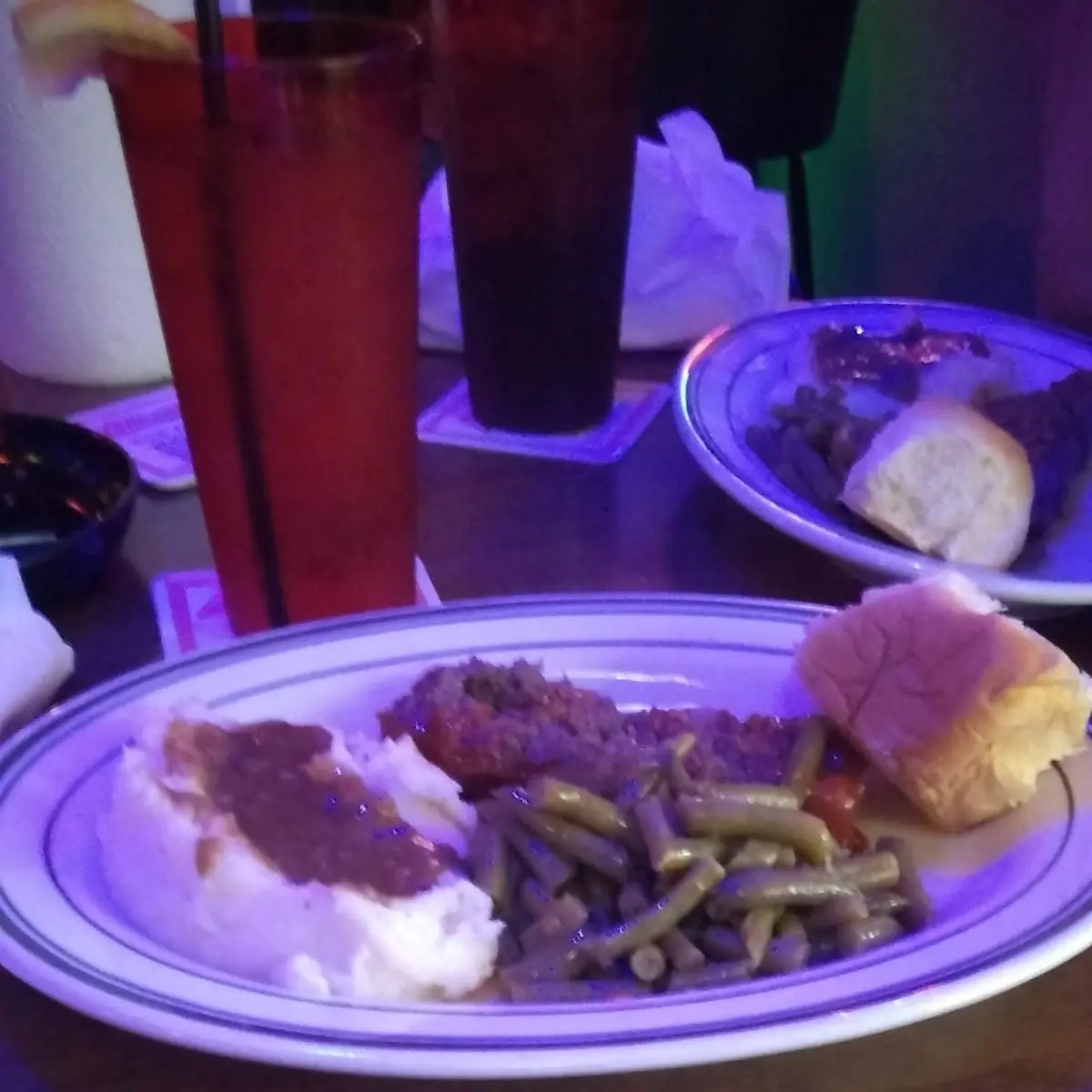 Meatloaf with Mashed Potatoes and Gravy and Green Beans Plus Dessert