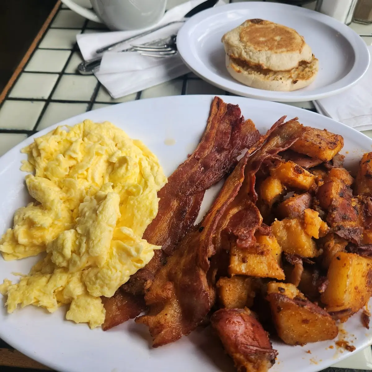 Scrambled Eggs Sausage Bacon Breakfast Plate
