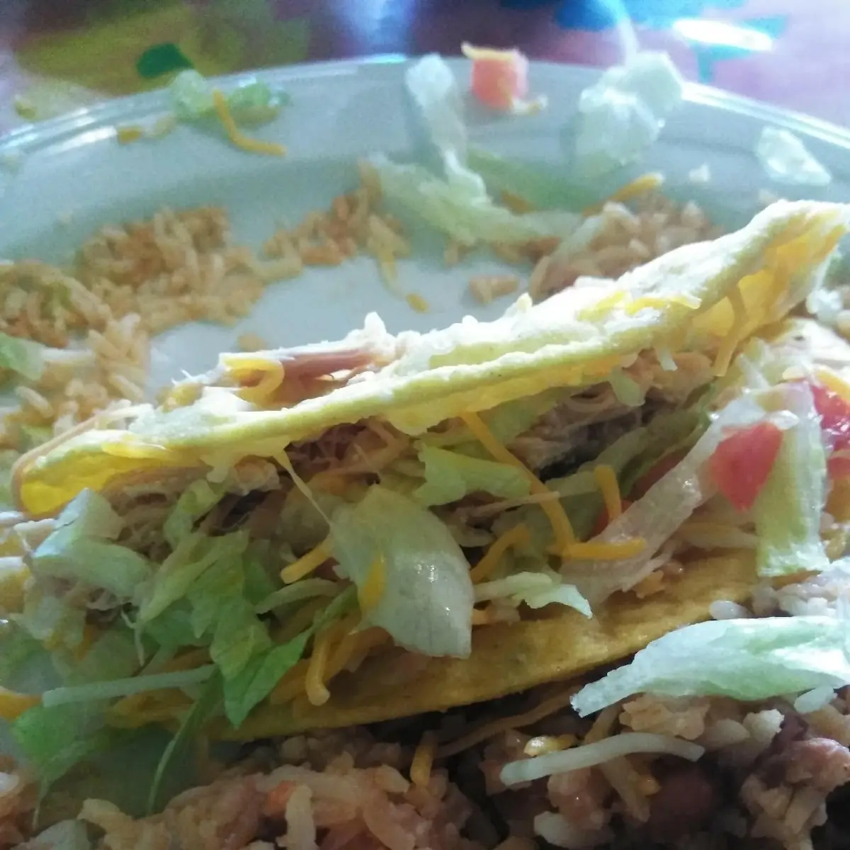 Softshell Pulled Chicken Taco with Rice and Beans