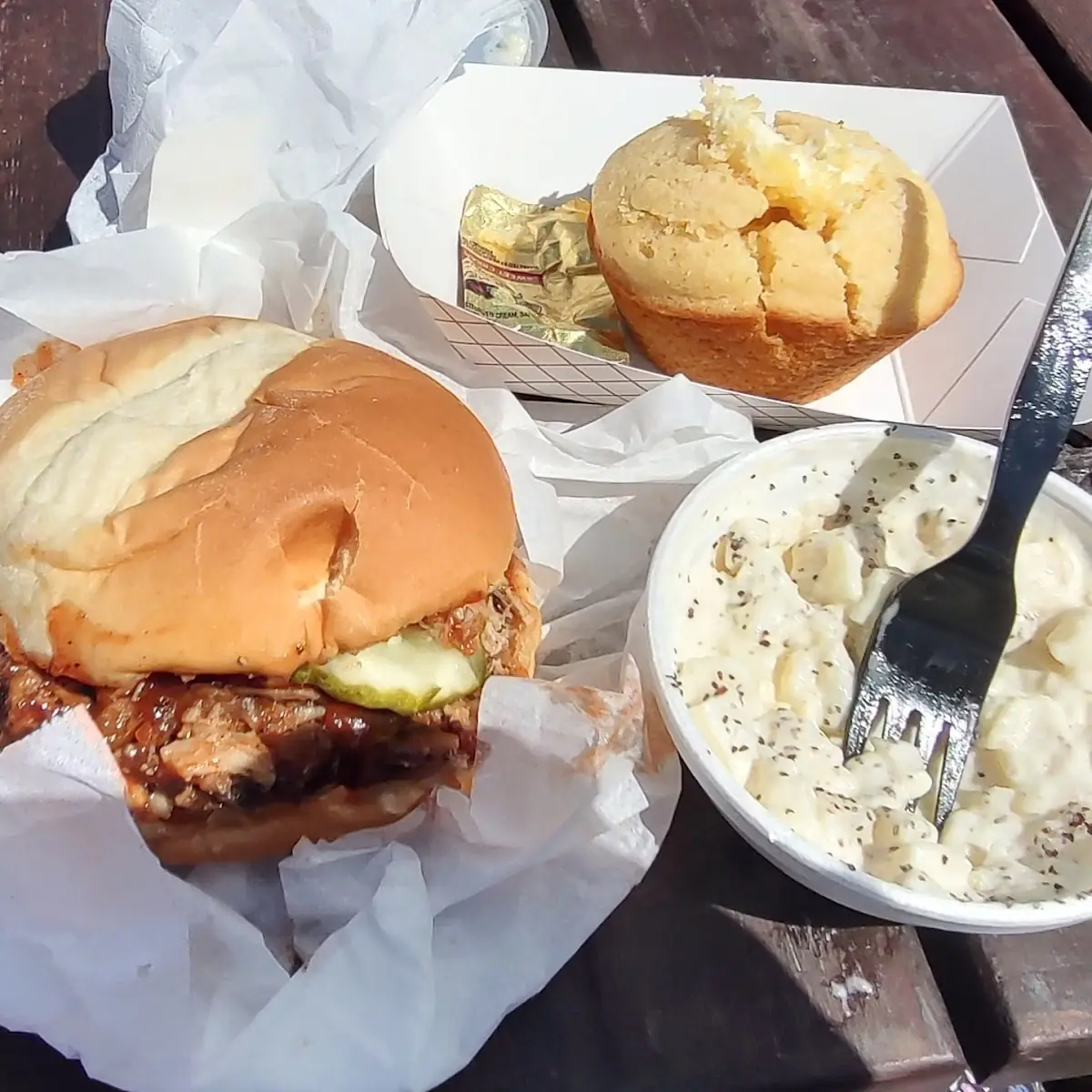 Potato Salad Pulled Pork Corn Bread Basket