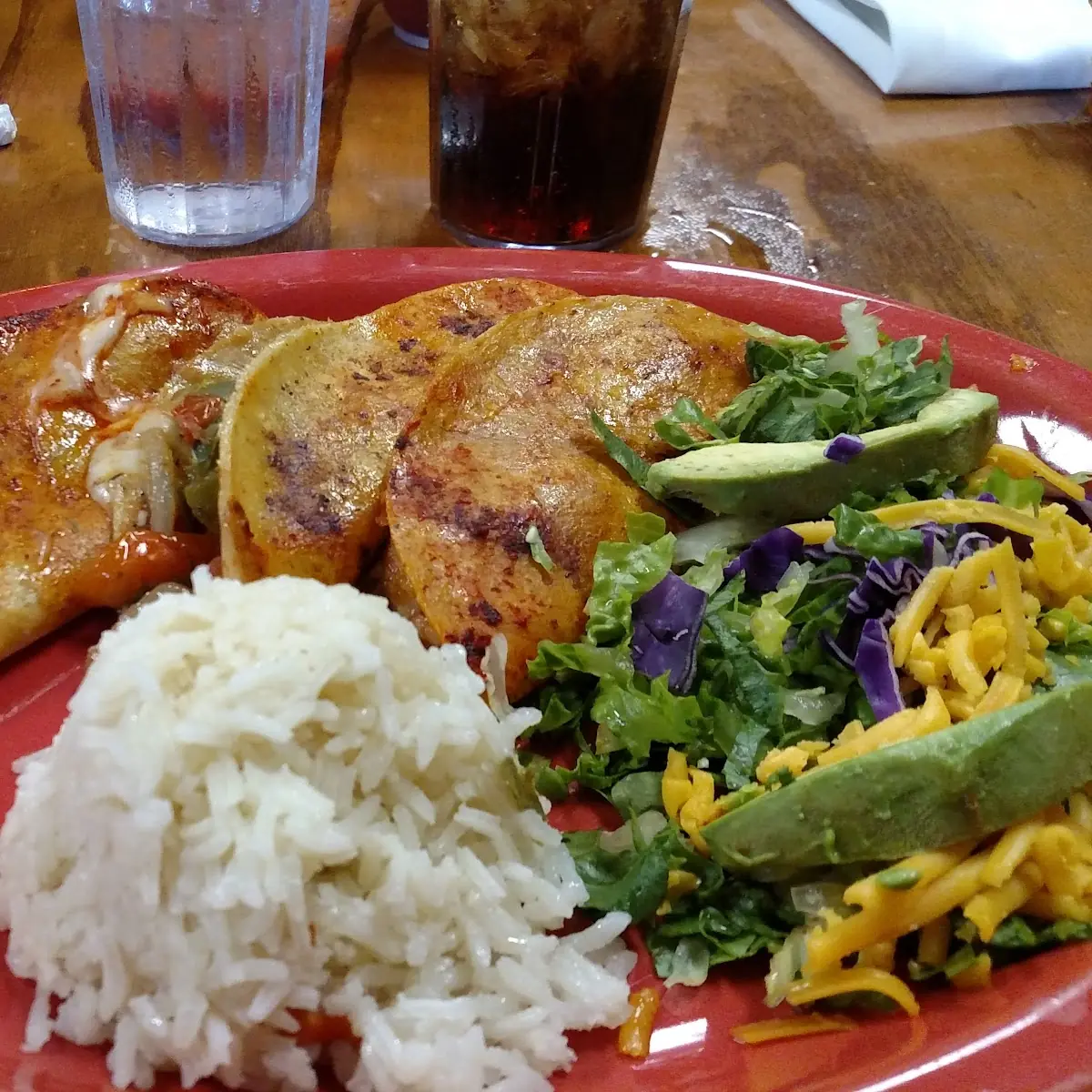 Shrimp Tacos with Rice and Avocado Salads