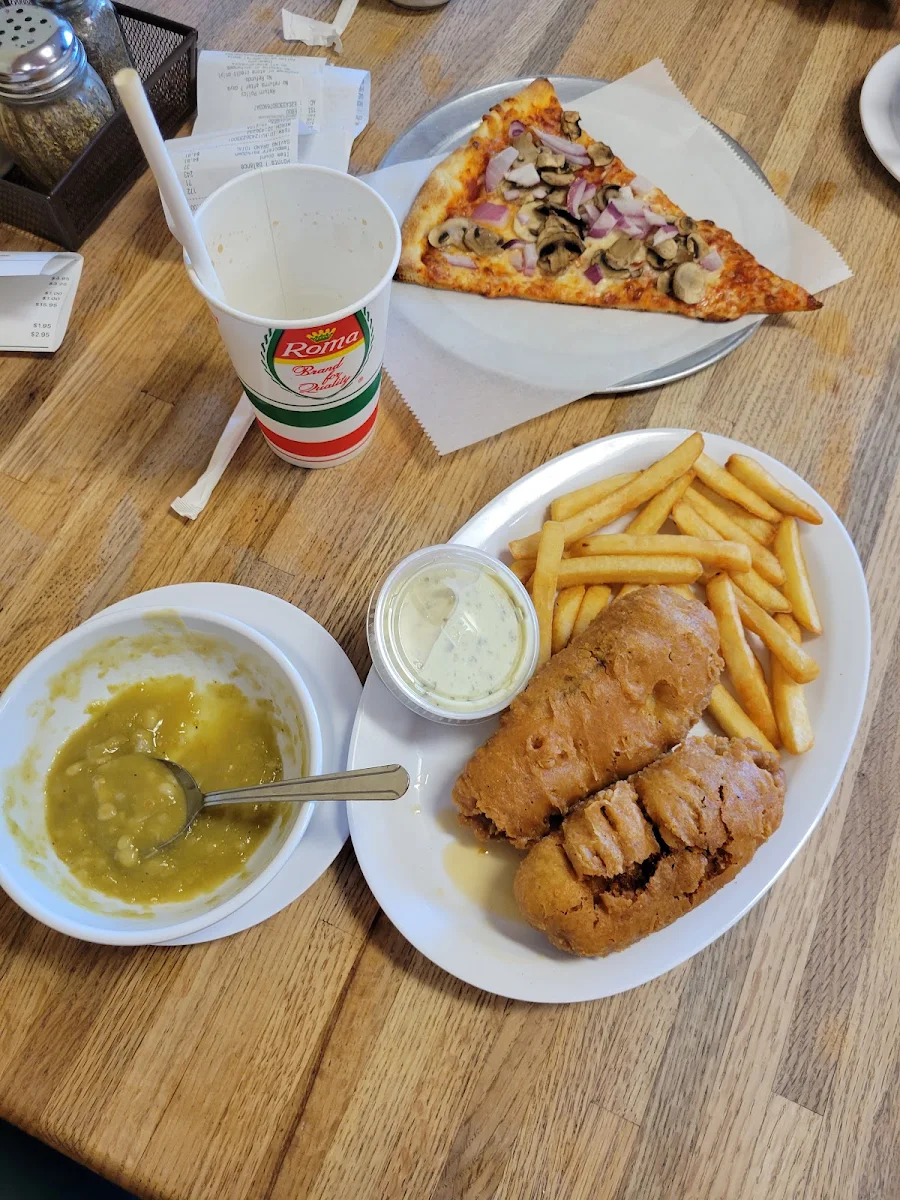 Fish & Chips Peas Soup Mushrooms Onion Thin Crust Pizza