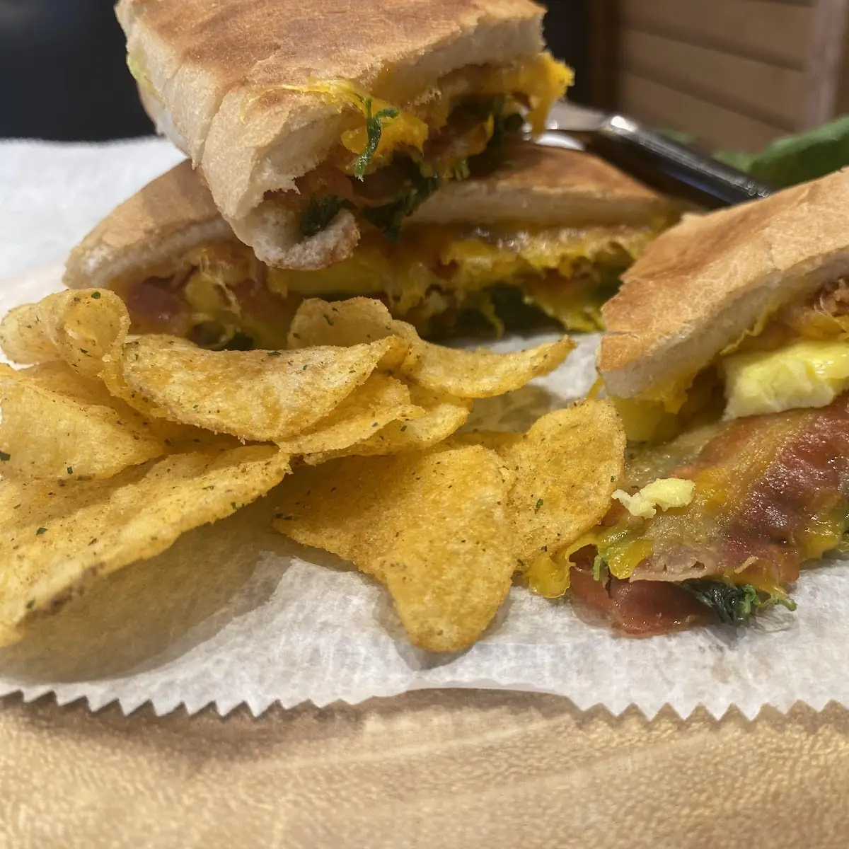 Ciabatta Bread Bacon Egg Patty Cheddar & Spinach