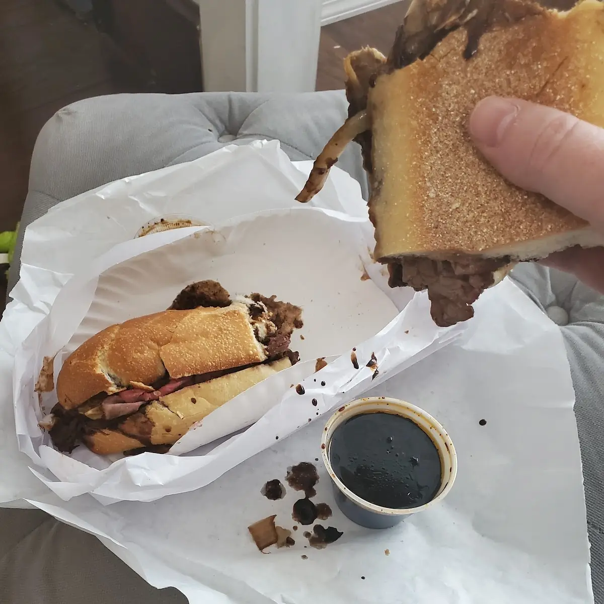 Roast Beef Sandwich Hot Roll with Mozzarella Cheese Onions and Gravy