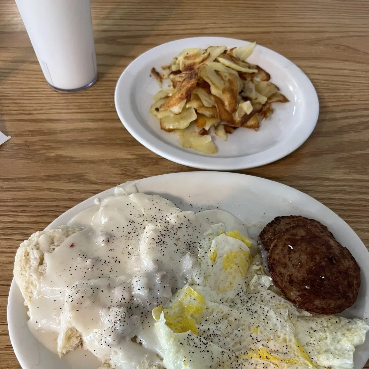 Biscuits Gravy Eggs and Bacon I Added Hash Browns