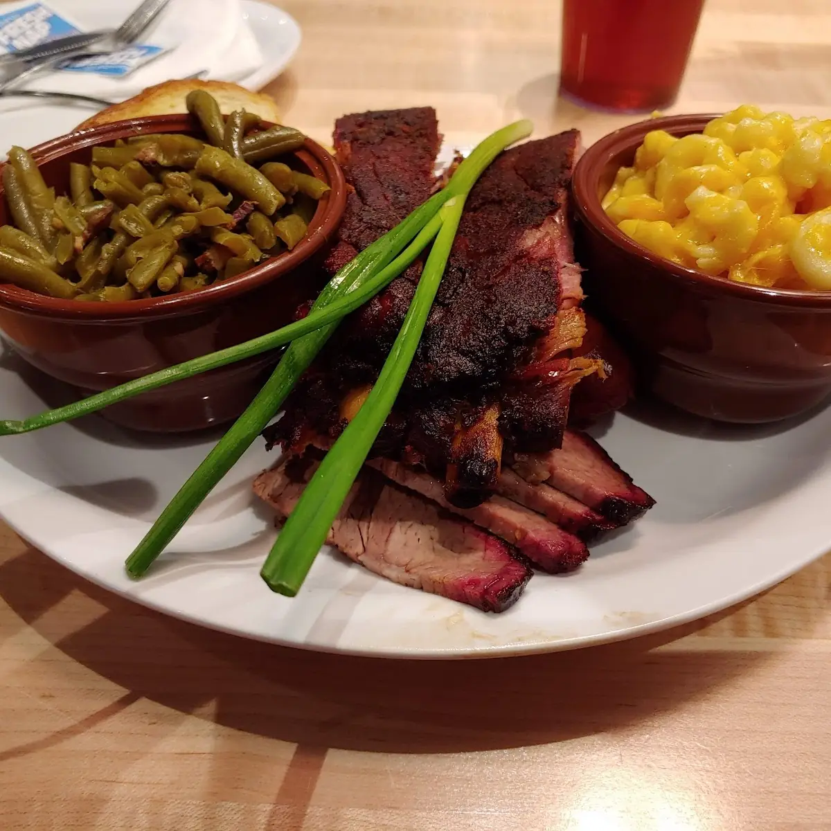 2 Meat Combo Ribs and Sliced Brisket Sides Green Beans Mac and Cheese