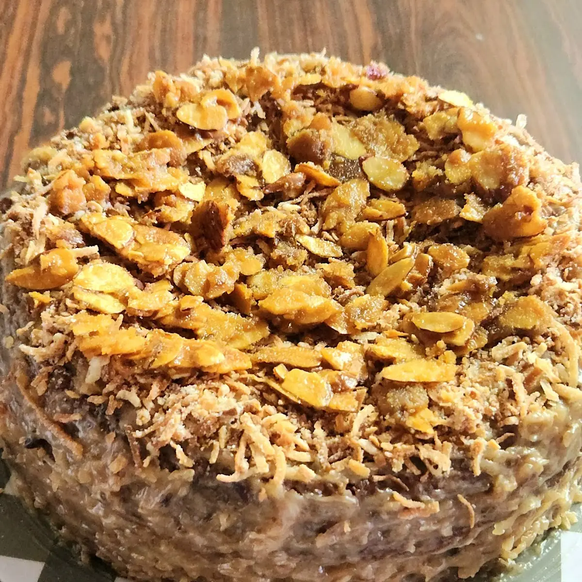 German Chocolate Cake with Toasted Coconut and Almond Brittle