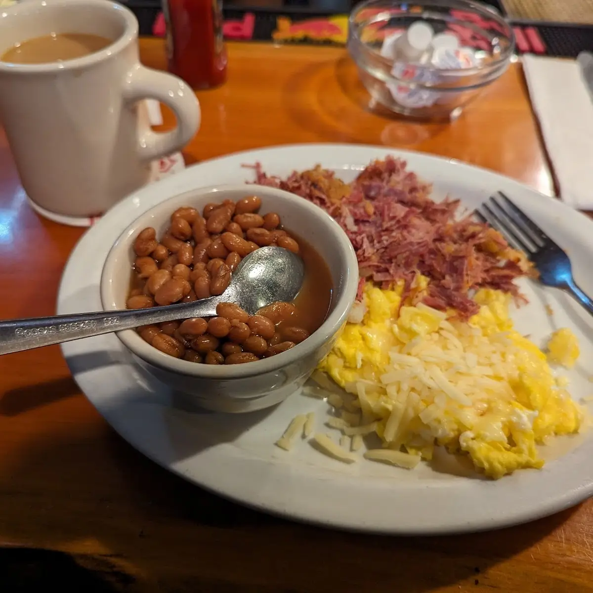 Home Made Corned Beef and Hash Eggs and Beans
