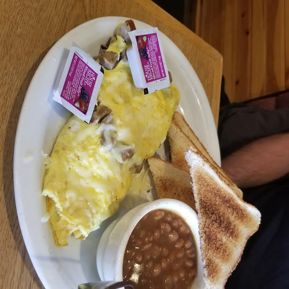 Sausage and Cheese Omelette with Beans and Toast
