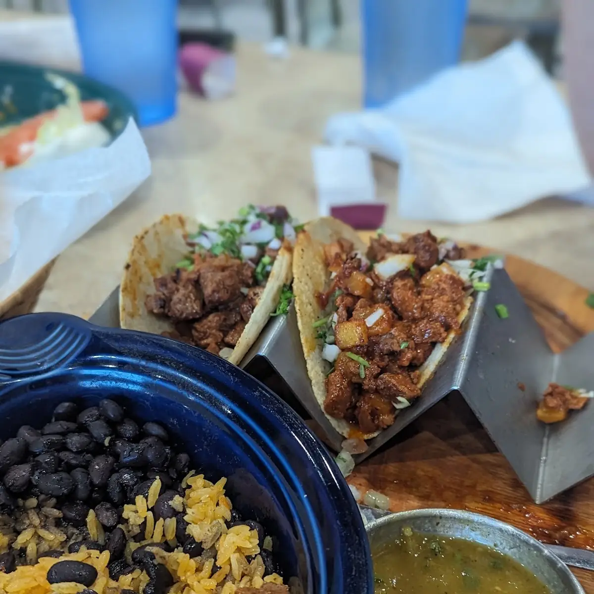 One Beef Taco Spanish Rice and Fried Beans
