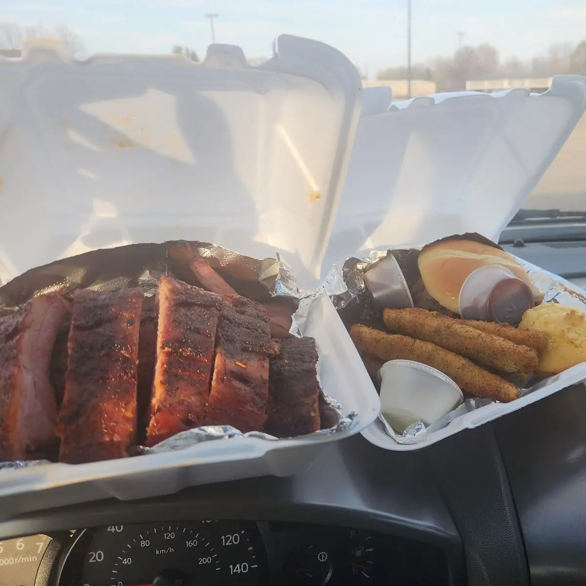 Ribs and Brisket Sandwich with Pickle Spears Baked Beans and Corn Bread