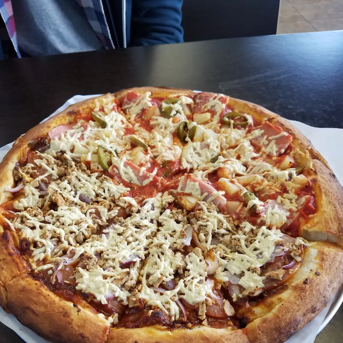 Half Hawaiian Pizza and Half BBQ Chicken